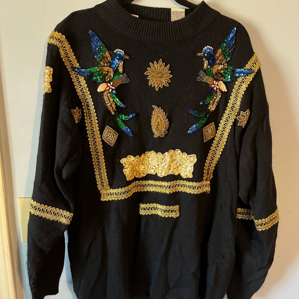 Vintage Black Sweater with Sequin Bird Design